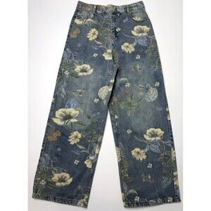 Supermade Floral Wide Leg jeans Womens L Super High Rise Printed Denim Boho NWT